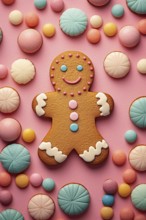 Cute gingerbread man cookie on pink background. KI generiert, generiert, AI generated