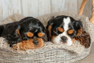 Two cute Cavalier King Charles Spaniel pups sleeping in a wicker basket, AI generated