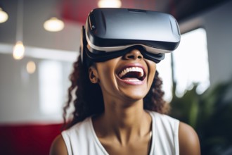 Black smiling woman with VR glasses. AI generated