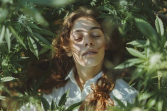 Teenager in an intoxicated state in a hemp field, surrounded by hemp leaves, cannabis, industrial