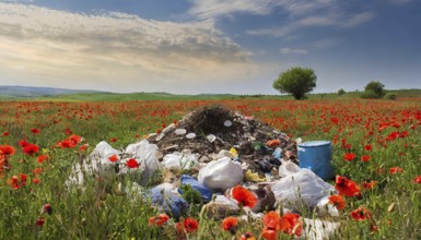 Symbolism, rubbish in the landscape, poppy field, AI-generated, AI-generated, AI generated