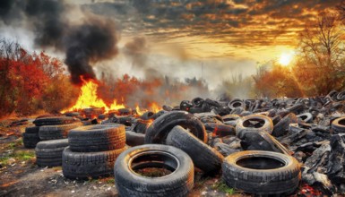 Symbolism, large junkyard with old burning car tyres, AI-generated, AI-generated, AI generated