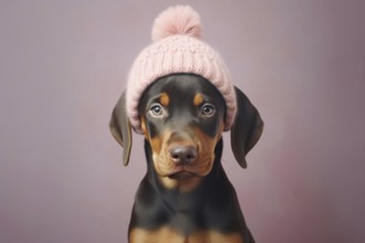 Portrait of cute dog with pink knitted winter hat. KI generiert, generiert KI generiert, generiert