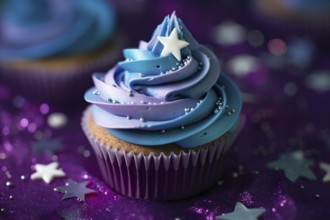 Cupcake with galaxy style frosting with blue and purple colors. KI generiert, generiert, AI