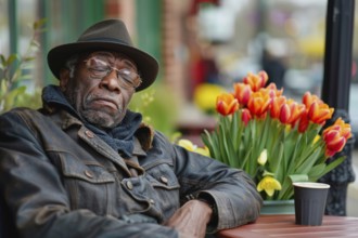 An elderly man sits asleep on a chair in a street café, symbolic image for spring fever, AI