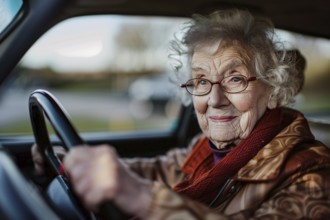 Elderly woman sitting behind steering wheel driving a car. KI generiert, generiert, AI generated