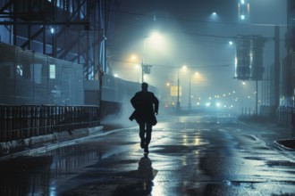 A businessman on the run, at night in an industrial area on a wet road, mysterious and tense