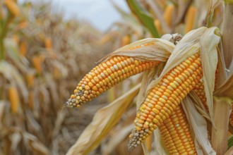 Corn maize stalk in open husk in sunny agricultural field. KI generiert, generiert, AI generated