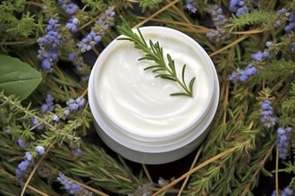 Facial cream surrounded my herbs and flowers. Natural cosmetics concept. KI generiert, generiert AI