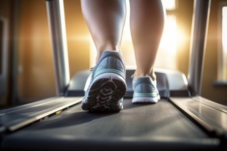 Back view of legs of curvy plus sice woman in sport shoes on treadmill. Concpet for doing sports