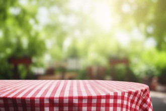 Empty table with red and white checked table cloth and blurry green garden in background. KI