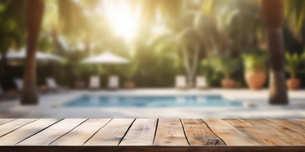 Empty wooden board with tropical resort swimming pool and palm trees in blurry background. KI