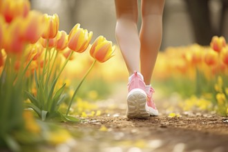 Back view of woman jogging through path surrounded by orange and yellow tulip spri, AI generated