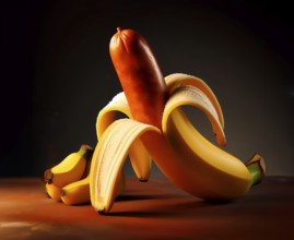 Symbolic image of genetic engineering, a sausage in the skin of a banana, AI generated, AI