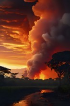 Destructive act of fire clearing within the amazon rainforest, AI generated