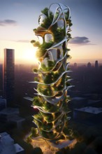 Futuristic skyscraper with termite mounds for natural ventilation and energy efficiency, AI