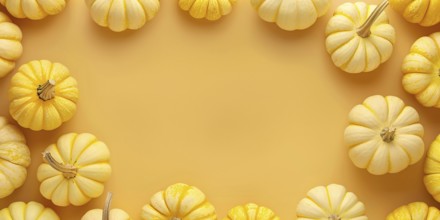 Banner with small yellow pumpkins on yellow background with copy space. Generative Ai, AI generated