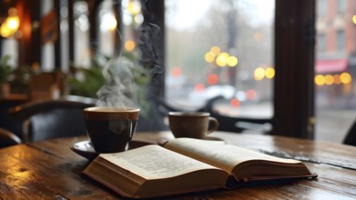 Book and coffee cup on a rustic wooden table in a tranquil scenery, AI generated