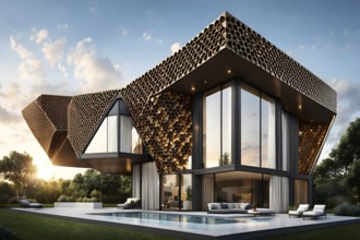 Modern residential house inspired by honeycomb hexagonal patterns, AI generated