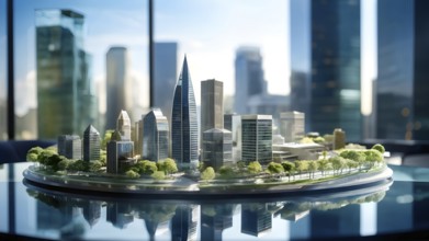 Scale model of modern skyscraper on a polished conference table, AI generated