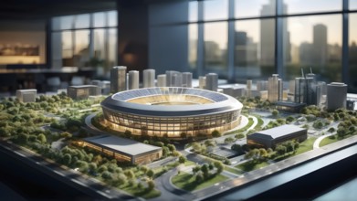 Scale model of soccer stadium on a polished conference table, AI generated