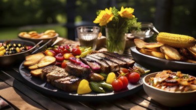 Summer BBQ or picnic food table scene with grilled meat and salads, AI generated