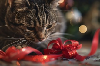 Cat playing with red Christmas gift wrapping ribbon. Generative Ai, AI generated