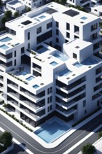 Rendering of a modern real estate apartment building in clean geometric forms in black and white,