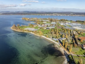 Aerial view of the southwestern part of the island of Reichenau with autumn vegetation, Lake