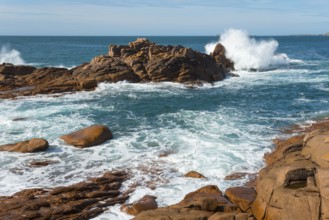 Powerful surf meets jagged rocks by the sea, Ploumanac'h, Ploumanach, Perros-Guirec, Côtes-d'Armor,