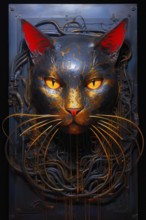 Metallic black cat head with yellow eyes and red ears encrusted in a metallic door, AI generated