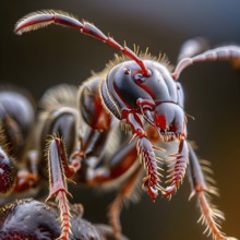 Extreme close-up of a red ant (Formica rufa), focusing on its sharp mandibles, textured