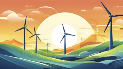 Abstract wallpaper illustration of interconnected wind turbines, represented by flowing lines and