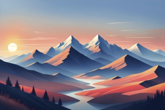 Minimalist landscape with stylized mountains and a setting sun, represented by simple geometric