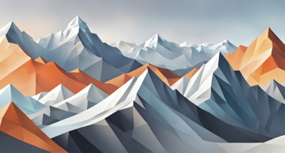 Abstract mountain range made of clean, geometric shapes with varying tones of grey and white, AI