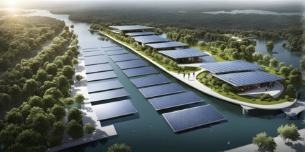 3d rendering of a sustainable engaged waterfront development with floating solar panels, AI