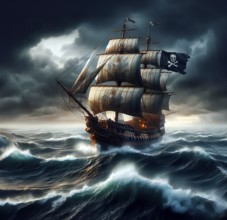 A privateer pirate ship with a pirate flag sails across the ocean in storms and high waves, AI