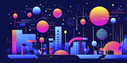 Minimalist illustration featuring abstract shapes in neon colors to convey fun and ease, AI