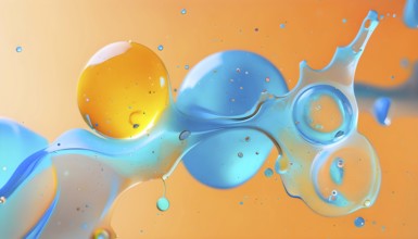 Abstract wallpaper with colorful turquoise and yellow blobs and liquid shapes on a orange