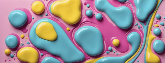 Abstract image with colorful yellow and turquoise blobs and liquid shapes on a pink background, AI