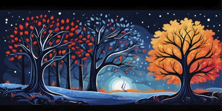 Vibrant depiction wallpaper illustration of trees in transition between autumn and winter, AI