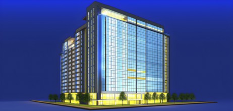 Three dimensional rendering of an illuminated modern high-rise office building, AI generated