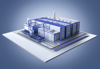 Three dimensional rendering of a model of a modern factory, AI generated