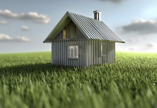 Three dimensional rendering of a residential house on grass, AI generated