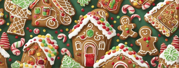 Abstract wallpaper illustration of of gingerbread house decoration, AI generated