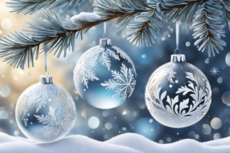 Abstract illustration of a set of ornate Christmas ornaments hanging on a snow-covered pine tree