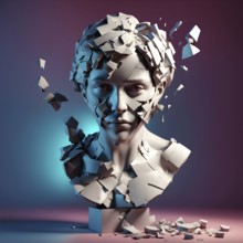 Three dimensional rendering of broken bust with illumination against colored background, AI