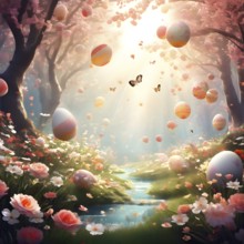 Surreal Easter scene with floating eggs, ribbons, and flowers in a dreamlike, whimsical composition