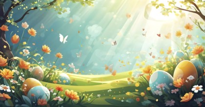 Surreal Easter scene with floating eggs, ribbons, and flowers in a dreamlike, whimsical composition