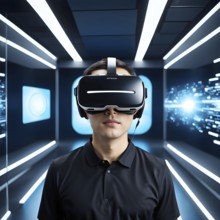 Three dimensional render of a man wearing virtual reality glasses, AI generated